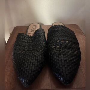 Black Leather Woven Flat Mules